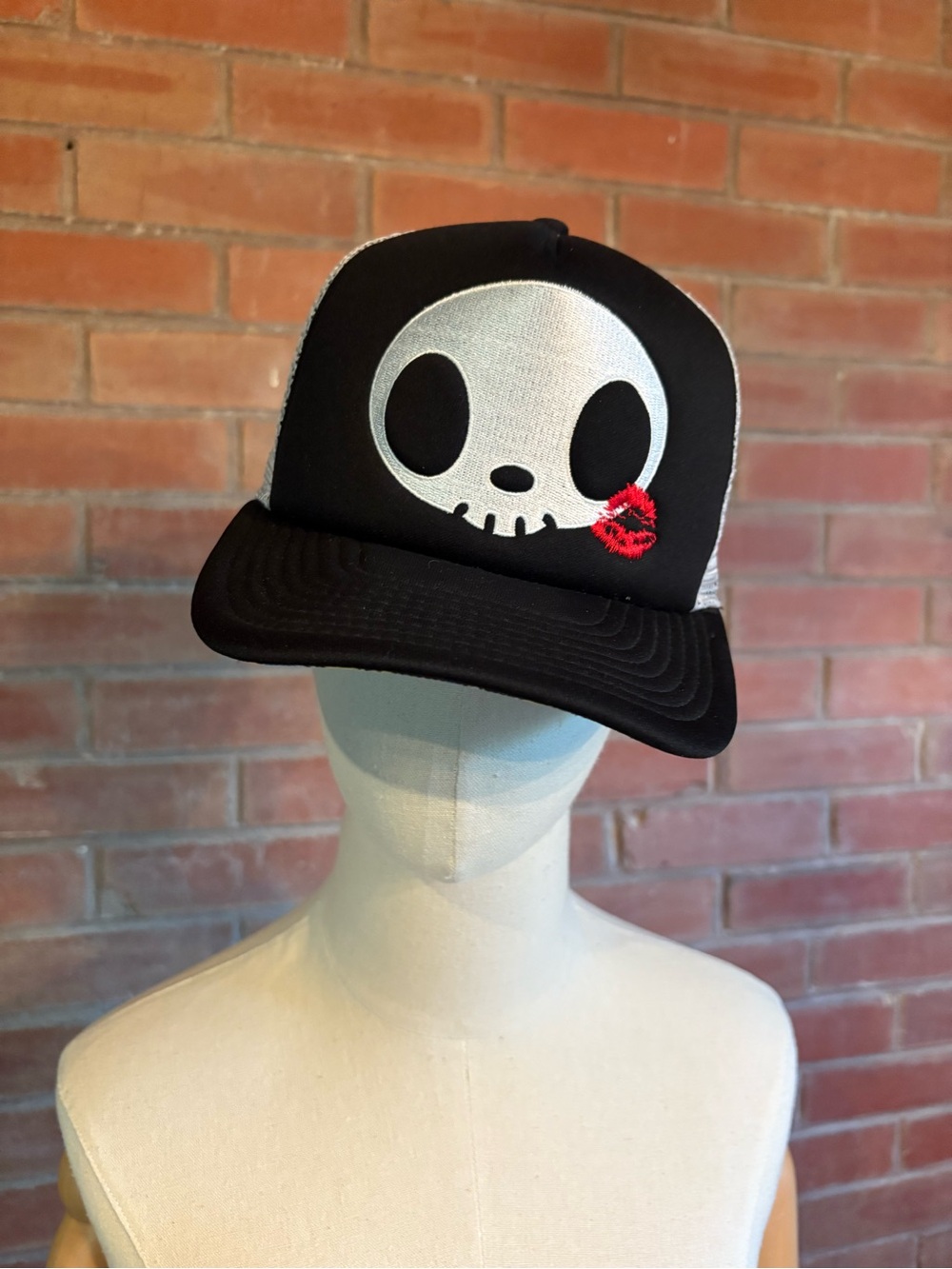 Tokidoki Adios Black & White Trucker Hat with Red Kiss Accent